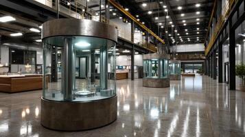 A large glass display case in a large warehouse photo