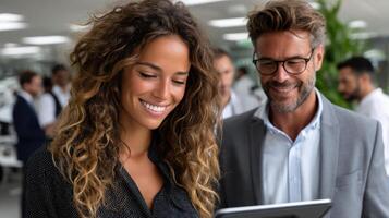 A man and woman smiling while looking at a tablet photo