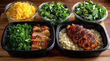 Three containers of food with rice, chicken, and broccoli photo