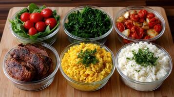 Four bowls of food on a cutting board photo