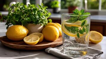 A glass of water with lemons and mint photo