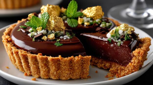 A chocolate tart with a piece missing photo