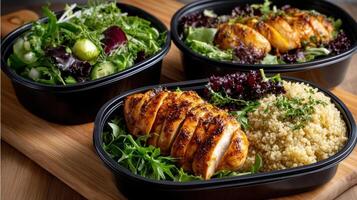 Three containers with chicken, rice and salad photo