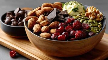A bowl filled with nuts, chocolate and cranberries photo