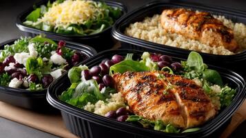 Three plastic containers with chicken, salad and rice photo