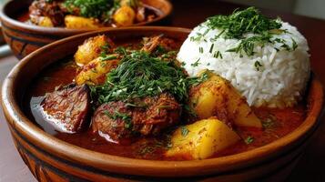 un cuenco de estofado con arroz y carne en eso foto