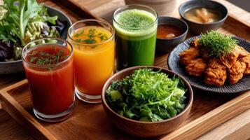 A tray of juices and vegetables on a table photo