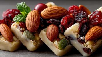 A close up of a piece of chocolate covered in nuts and dried fruit photo
