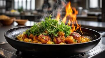 A pan with food on top of a stove with flames photo