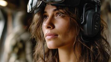 A woman wearing headphones and looking off to the side photo