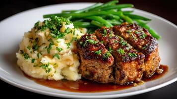 A plate of meatloaf, mashed potatoes and green beans photo