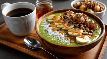 A bowl of green smoothie with bananas and nuts photo