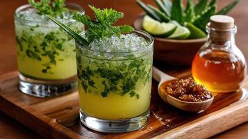 Two glasses of lemonade with herbs and a spoon photo