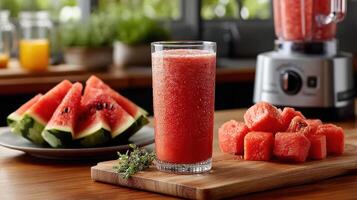 A glass of watermelon juice next to a blender photo