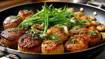 A pan with scallops and vegetables on it photo