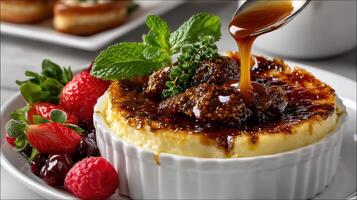 A dessert with sauce being poured over it photo