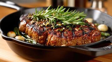A steak is cooked in a skillet with herbs photo