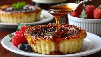 A dessert on a plate with syrup drizzled on it photo
