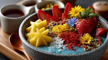 A bowl of blueberry smoothie with strawberries, blueberries, and other fruits photo
