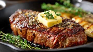 A steak with butter and herbs on a black plate photo