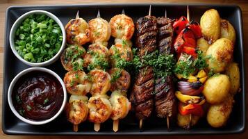 A tray with various types of food on skewers photo