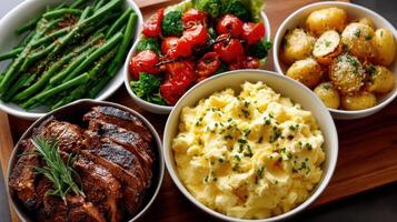 A variety of dishes including potatoes, green beans, and steak photo