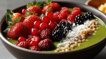 A bowl of green smoothie with berries and nuts photo