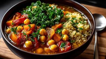 A bowl of soup with vegetables and couscous photo