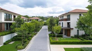 A view of a residential area with trees and grass photo