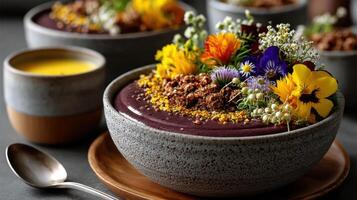 A bowl of food with flowers and nuts photo
