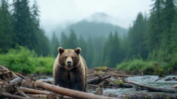 A brown bear is standing in the middle of a stream photo