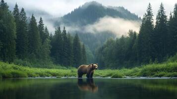 A bear standing in a river near a forest photo