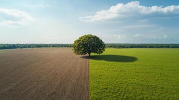 A tree is standing in a field with a plowed field photo
