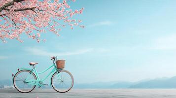 A bicycle is parked under a tree with pink blossoms photo