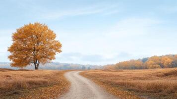 un suciedad la carretera líder a un solitario árbol en el medio de un otoño campo foto
