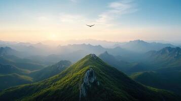 Majestic mountain landscape with bird soaring above lush greenery and distant peaks photo