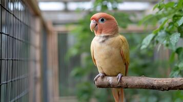 colorful bird perched on natural branch in recovery enclosure, surrounded by greenery photo