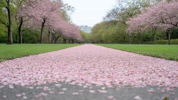 serene path covered pink cherry blossom petals, surrounded by lush greenery and blooming trees photo