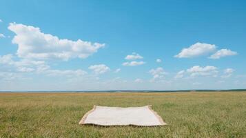 serene picnic blanket lies on grassy meadow under clear blue sky, inviting relaxation photo