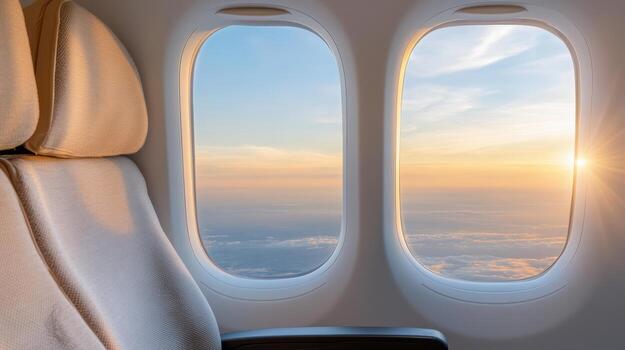 serene view from airplane window showcasing beautiful sunset over clouds photo