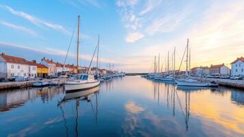 serene harbor scene featuring boats docked in calm waters under beautiful twilight sky photo
