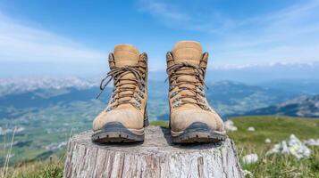 Hiking boots tree stump with stunning mountain view background evoke adventure and exploration photo