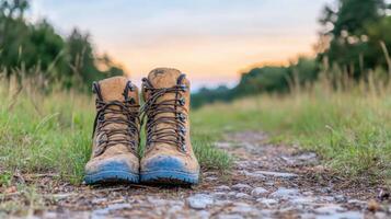 desgastado excursionismo botas en bosque camino a amanecer, evocando sentido de aventuras y exploración foto