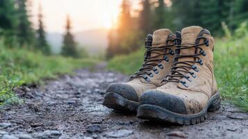 desgastado excursionismo botas en bosque camino a amanecer, evocando aventuras y exploración foto