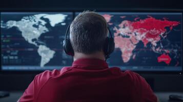 focused individual monitors global data dual screens, showcasing world map with highlighted photo