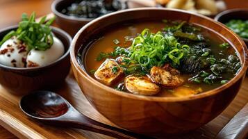 delicious bowl of miso soup with tofu, seaweed, and green onions, served with side of soft photo