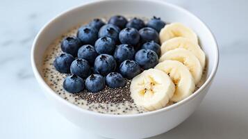 A bowl of chia pudding with blueberries and bananas photo