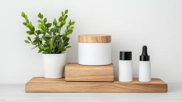 A wooden shelf with cosmetic products and a plant photo