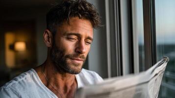 A man reading a newspaper in front of a window photo