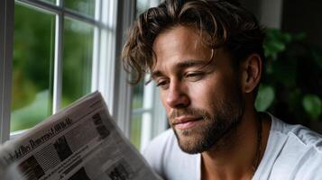 A man is reading a newspaper while looking out the window photo
